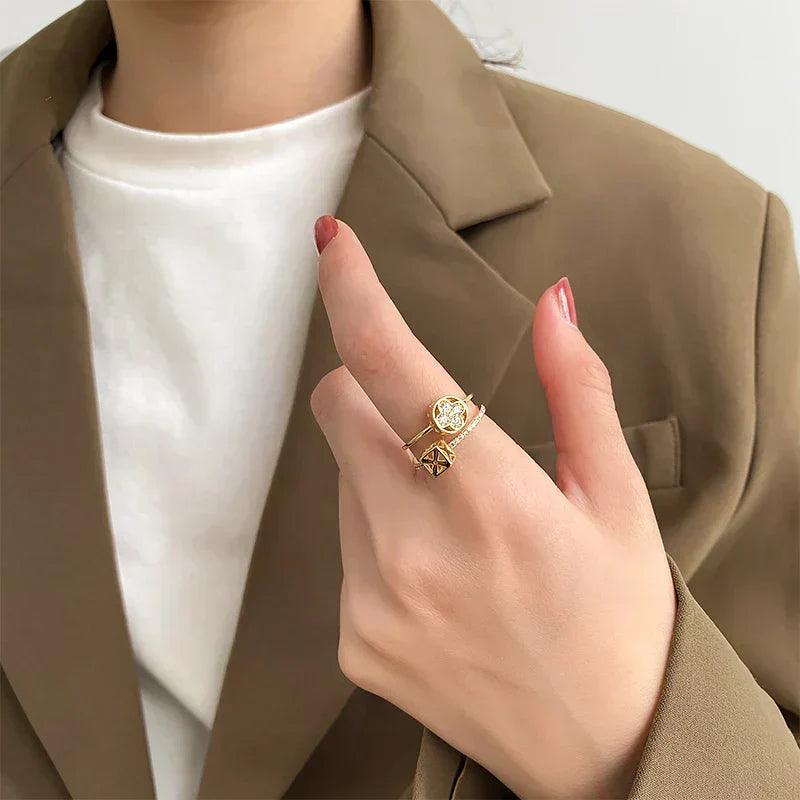 Double Layer Flower Shape Gold Color Open Ring
